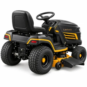 Lavtools 42-inch riding lawn mower in black and amber